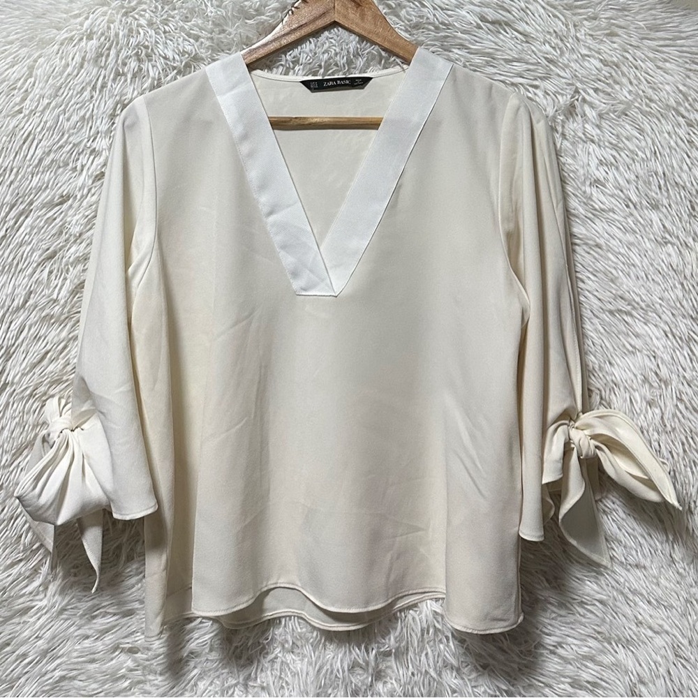 ZARA Off-White V-Neck Blouse with Tie Sleeves